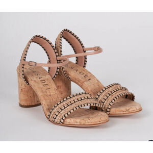 Casadei Cork and Raffia Block Heel Slingback Sandals Beige/Black Size EU 37
